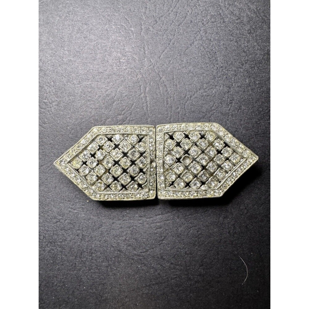 Vintage Art Deco Rhinestone 2-Piece Belt Buckle Sash Clasp Silver Tone 1930s 40s